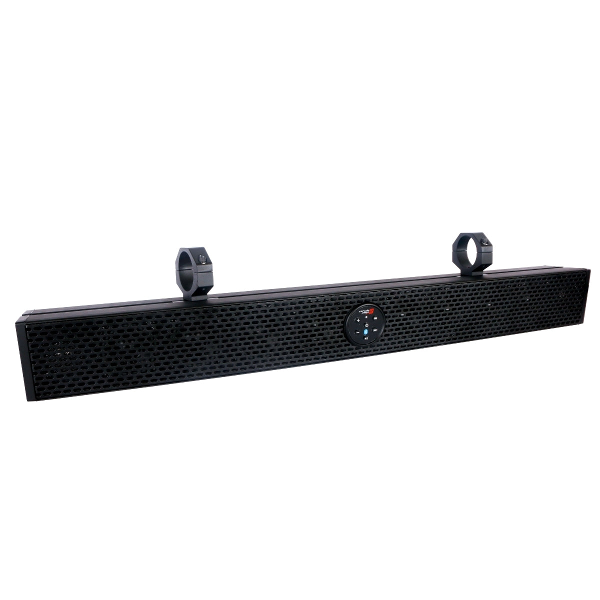 The RPM XED Waterproof Soundbars feature a sleek black design with a hexagonal mesh front, round control panel with buttons and LED indicators, and two top-mounted brackets for vehicle or structure installation.