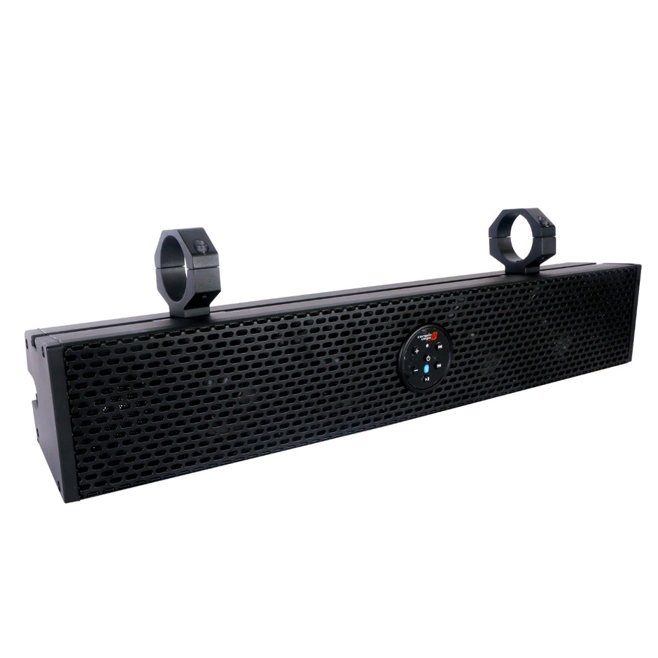 The RPM XED Waterproof Soundbar is a black rectangular speaker with a hexagonal mesh grille, central round control panel, buttons, indicator light, and two top mounting brackets with clamps for easy bar or surface installation.