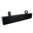 The RPM XED Waterproof Soundbar is a black rectangular speaker with a hexagonal mesh grille, central round control panel, buttons, indicator light, and two top mounting brackets with clamps for easy bar or surface installation.