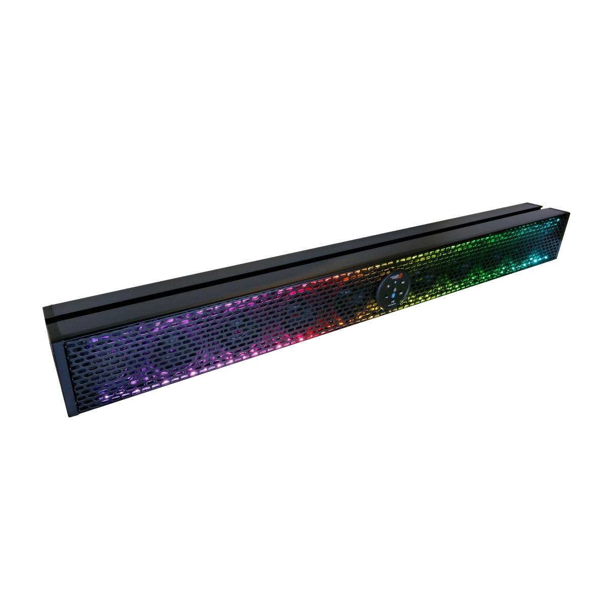 The RPM XED Waterproof Soundbars feature a sleek black design with a hexagonal mesh front, vibrant LED lighting that transitions from purple to green, and a central control panel with buttons for volume and power, maintaining a compact and modern appearance.