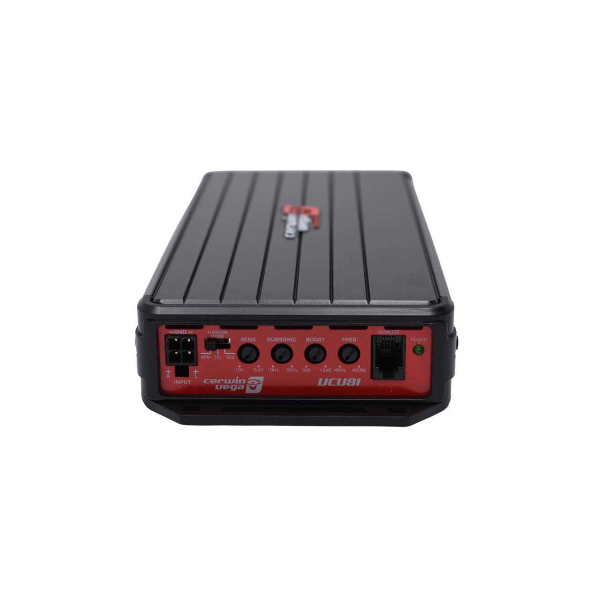 The VEGA Class-D Digital Mono Amplifier-VCU81 is a sleek rectangular device in black and red. The front view displays multiple input ports and control knobs for gain, subsonic, boost, and frequency. Its compact design includes a ribbed top surface for effective heat dissipation.