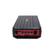 The black and red VEGA Amplifier features a compact design with a sleek ribbed casing for heat dissipation. Its front panel includes a power socket, input ports, gain and frequency adjustment knobs, and proudly displays the brand logo.