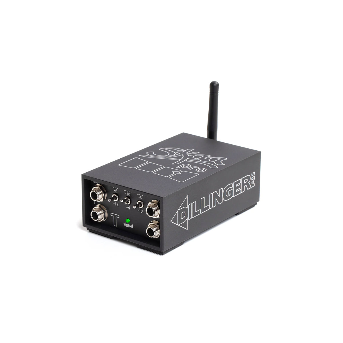 The image showcases the DANI | SKAA PRO™ TRANSMITTER - PL5580, a sleek black wireless audio device offering low-latency transmission. It features four metal jacks, two control knobs, a small antenna on top, and has 