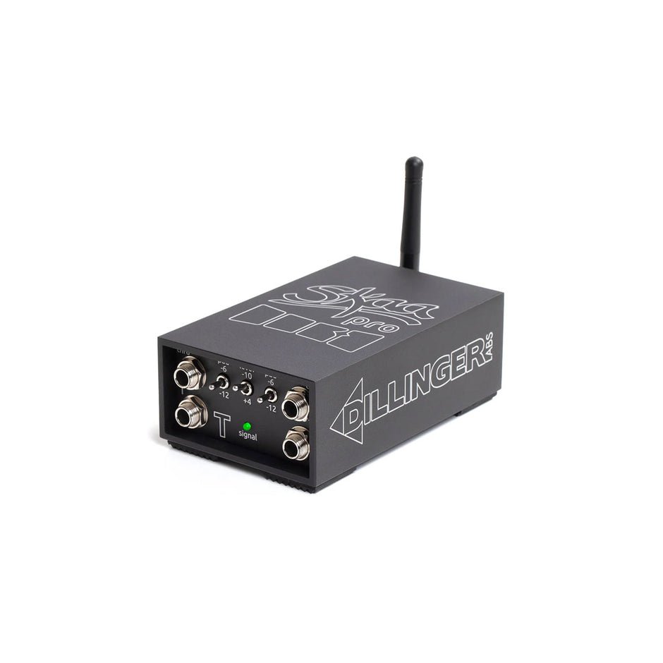 The image showcases the DANI | SKAA PRO™ TRANSMITTER - PL5580, a sleek black wireless audio device offering low-latency transmission. It features four metal jacks, two control knobs, a small antenna on top, and has 