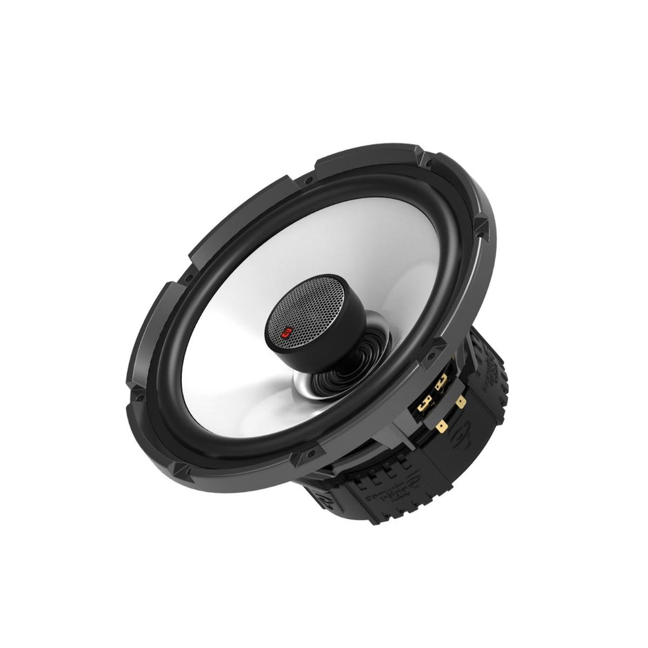 The RPM Stroker SM10F4 is a circular silver and black audio speaker featuring a metallic cone and flush mount 1