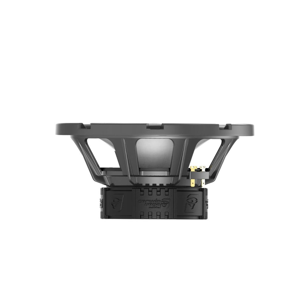 Side view of the RPM Stroker SM10F4, a large black subwoofer ideal for marine and outdoor use, showcasing an exposed metallic frame and textured cylindrical base with logo. Its robust structure supports the barely visible speaker cone, enhancing its industrial appeal.