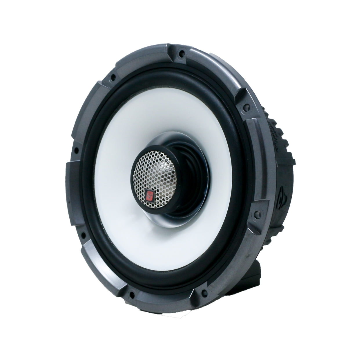 The RPM Stroker SM65F4 is a modern 2-way speaker system featuring a silver metal grille, white cone with black edge, and rugged gray weather-resistant frame. It includes a flush mount 1