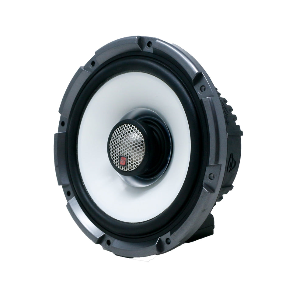 The RPM Stroker SM65F4 is a modern 2-way speaker system featuring a silver metal grille, white cone with black edge, and rugged gray weather-resistant frame. It includes a flush mount 1