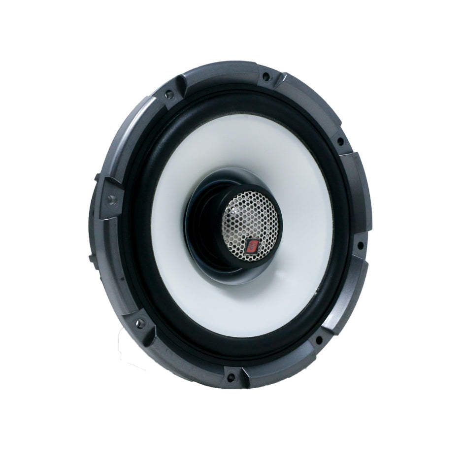 Close-up of an RPM Stroker SM65F4 2-way speaker shows a round design with black casing, white cone, and central silver mesh on the logo. Its modern aesthetic is enhanced by visible screws, balancing style and function.