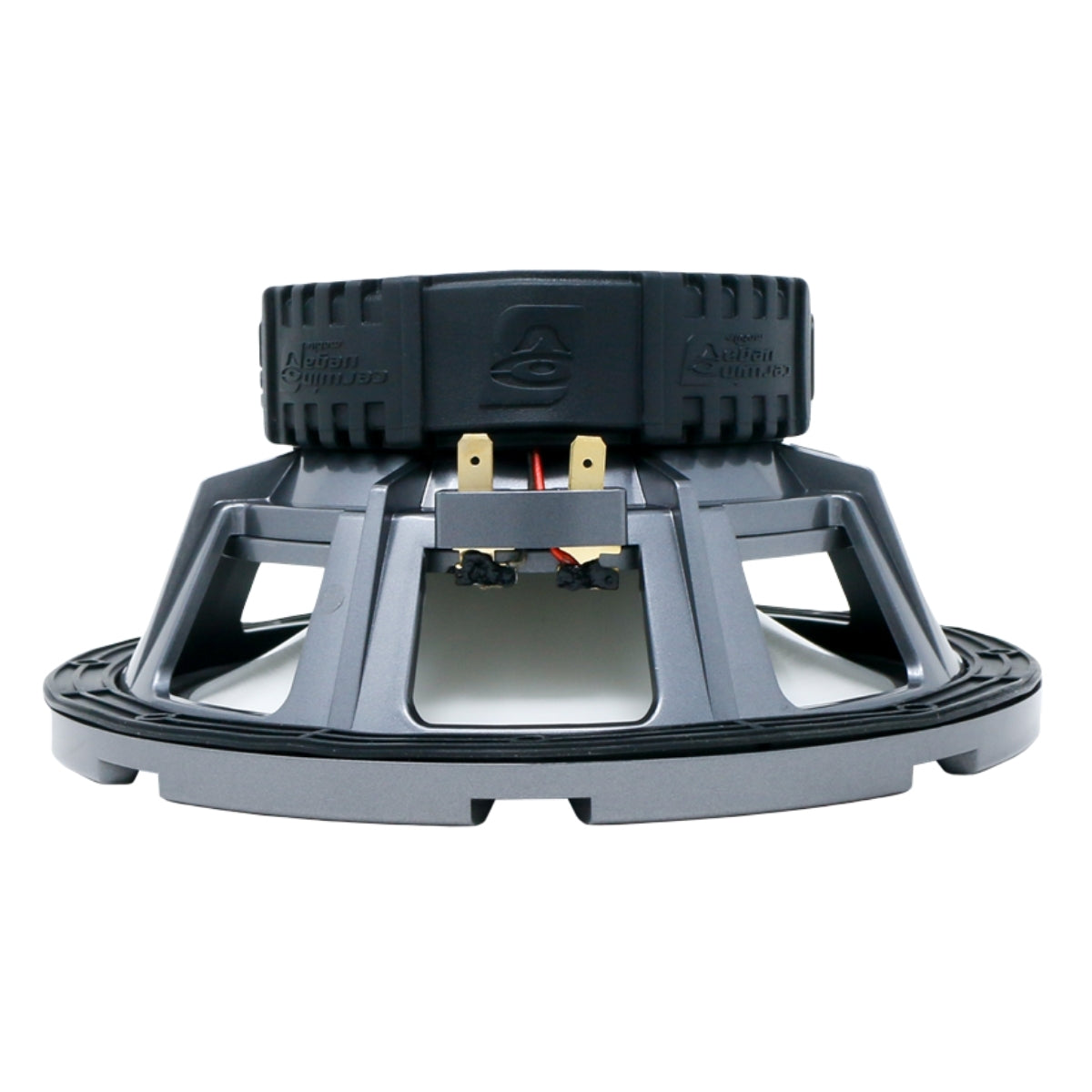A large, gray RPM Stroker SM8F4 8-inch subwoofer displays its frame structure from the side. It features a black rubber surround on the cone, an embossed brand logo on the thick black magnet cover, and dual wiring terminals at the center.