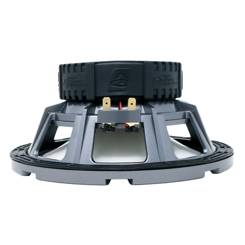 A large, gray RPM Stroker SM8F4 8-inch subwoofer displays its frame structure from the side. It features a black rubber surround on the cone, an embossed brand logo on the thick black magnet cover, and dual wiring terminals at the center.