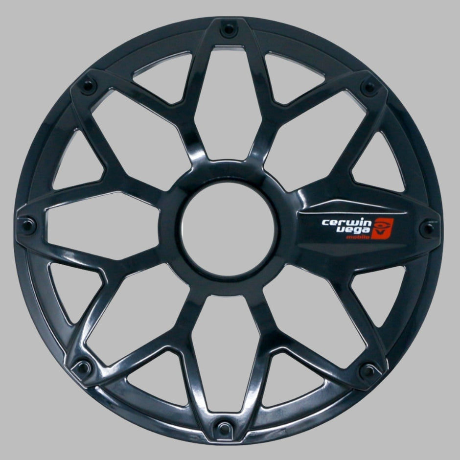 A black, glossy, multi-spoke wheel cover with a central hub resembles the RPM Stroker 8” Flush Mount Speaker Grill. The design merges angular and rounded edges elegantly. A small red and white 