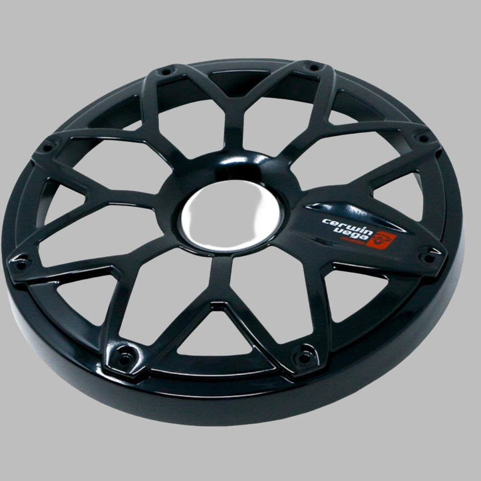 A black car wheel cover with a web-like design and central chrome features the RPM Stroker 8” Flush Mount Speaker Grill badge, including 