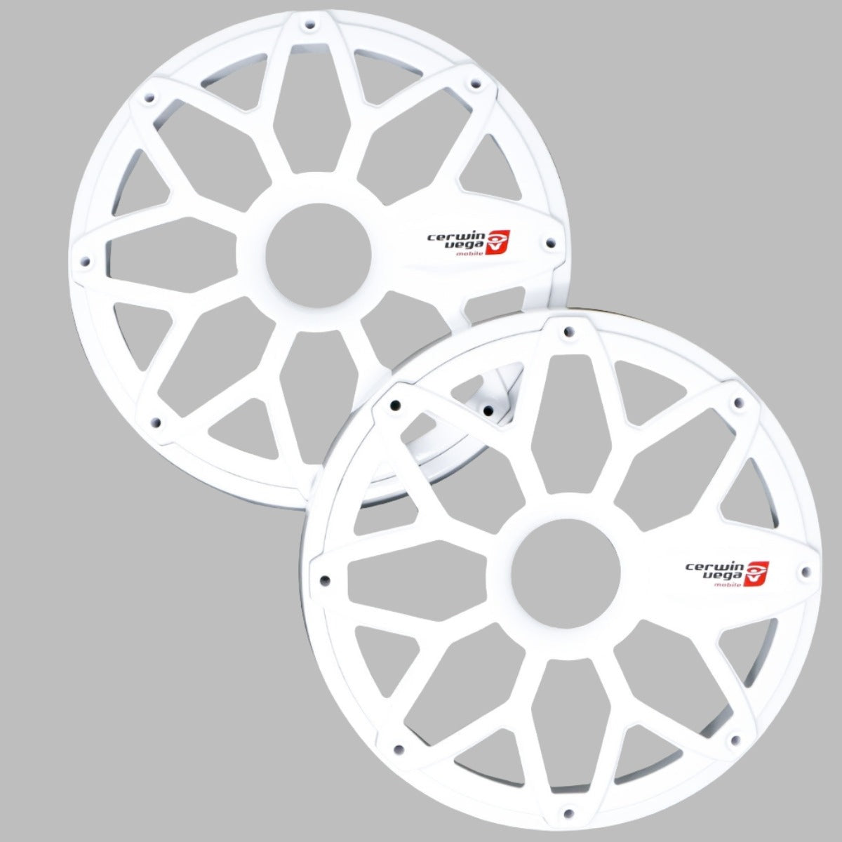 Against a gray background are two white RPM Stroker 8” Flush Mount Speaker Grills with multi-spoke design, central circular openings, and the 