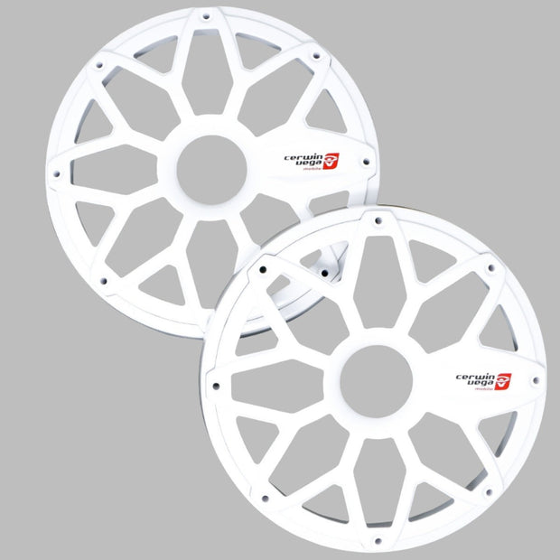 Against a gray background are two white RPM Stroker 8” Flush Mount Speaker Grills with multi-spoke design, central circular openings, and the "Cerwin Vega" logo in red and black on one spoke.