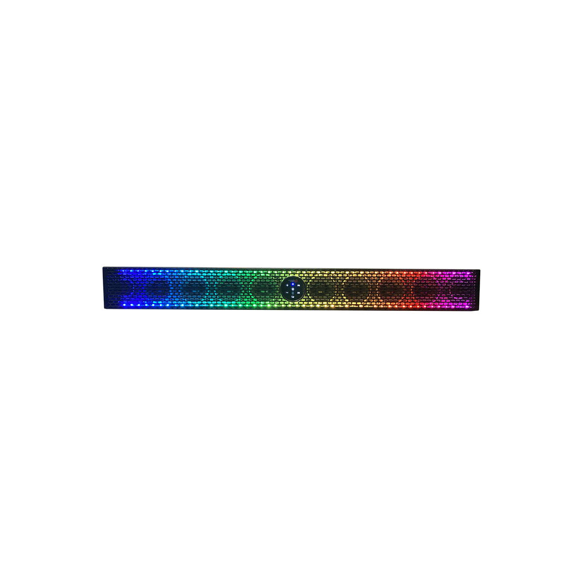 The RPM XED Waterproof Soundbars have a rectangular LED strip light that transitions a rainbow gradient from red through pink, featuring a central circular pattern and an on/off button.