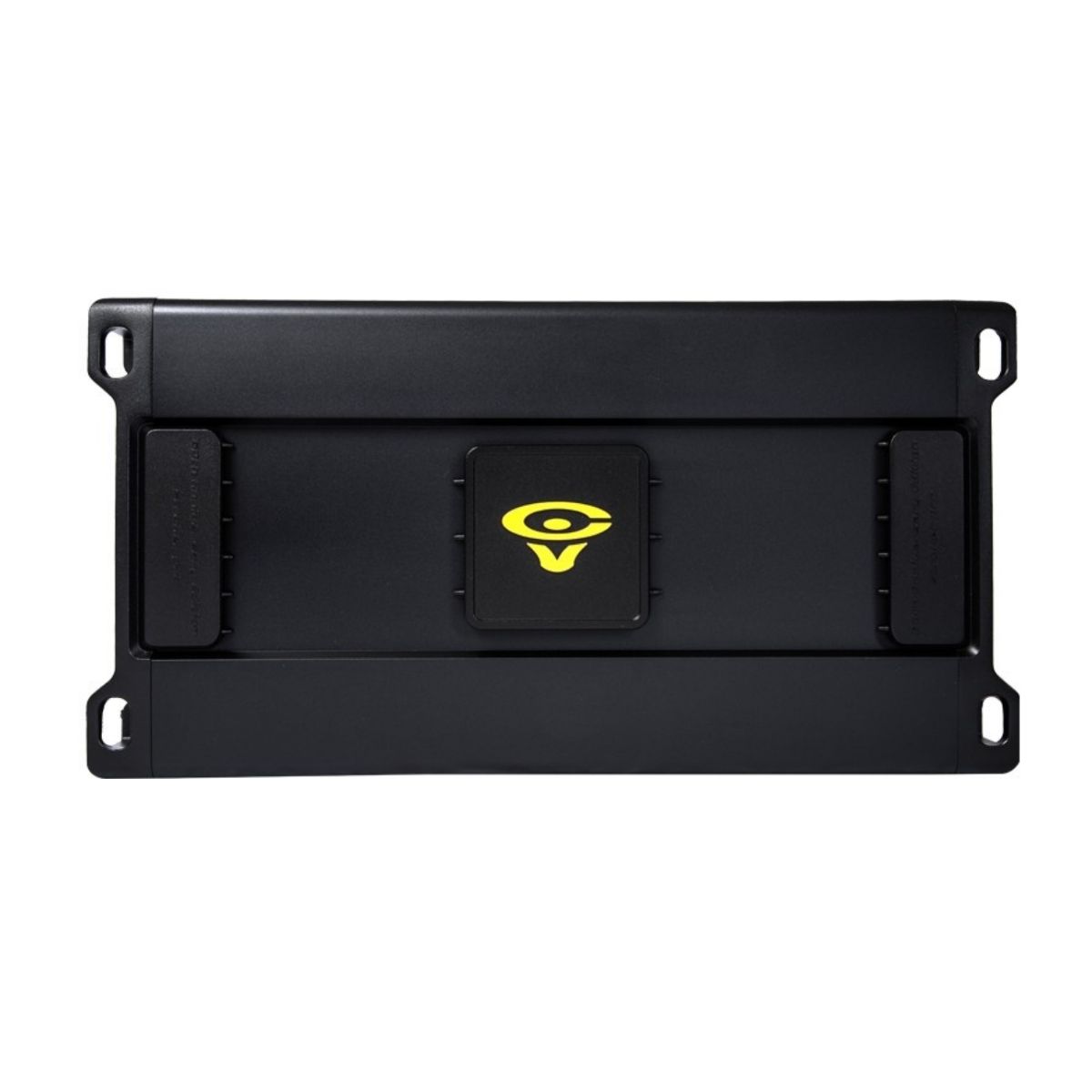 The Stroker Pro Amplifier is a black rectangular electronic device with a central yellow eye-like logo. It has vent-like grooves and mounting holes at each corner for easy attachment, and the surface is smooth and durable.