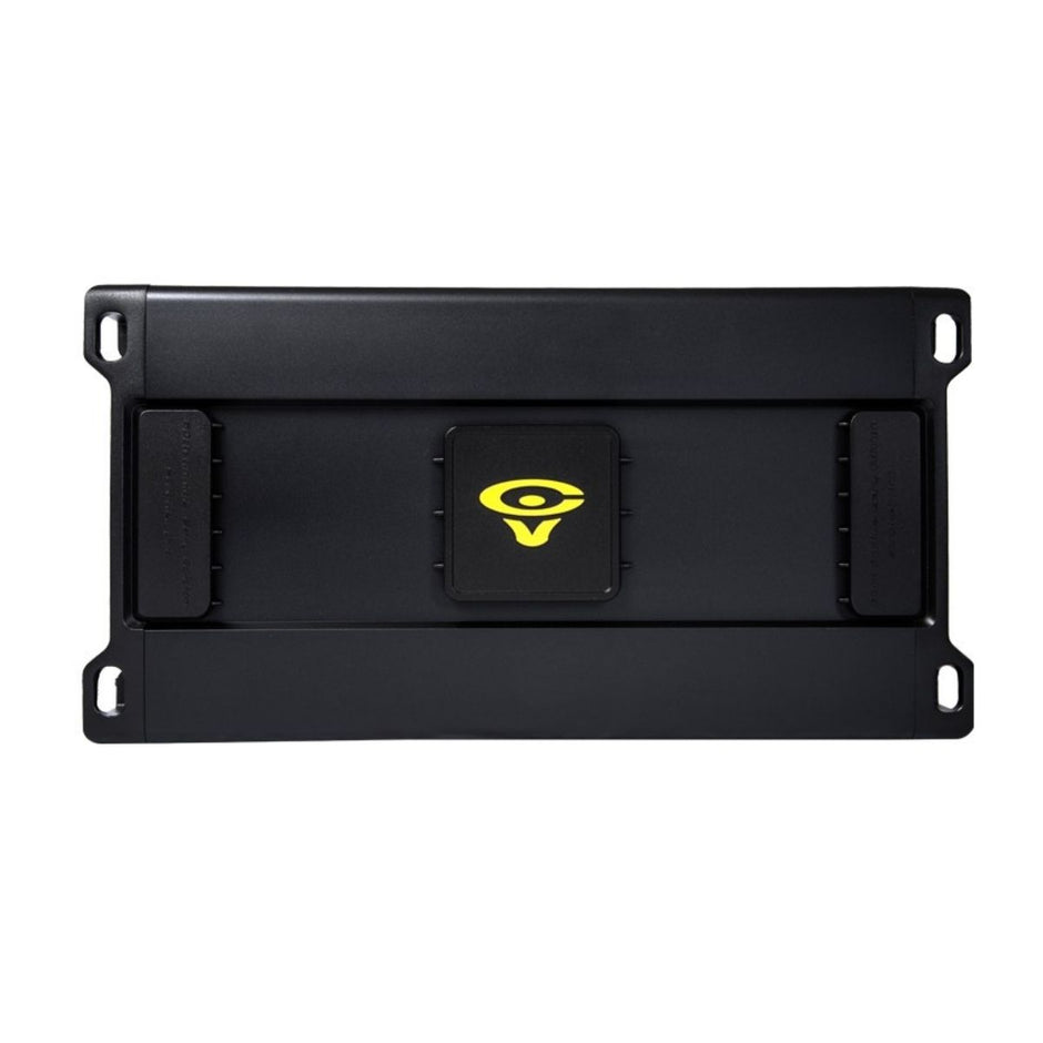The Stroker Pro Amplifier is a black rectangular electronic device with a central yellow eye-like logo. It has vent-like grooves and mounting holes at each corner for easy attachment, and the surface is smooth and durable.