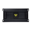 The Stroker Pro Amplifier is a black rectangular electronic device with a central yellow eye-like logo. It has vent-like grooves and mounting holes at each corner for easy attachment, and the surface is smooth and durable.
