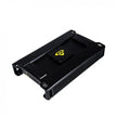 The Stroker Pro Amplifier is a sleek, black rectangular device with finned sides for cooling. It features a yellow logo on the top panel, corner brackets for mounting, and visible side connection ports, all set against a plain white background.