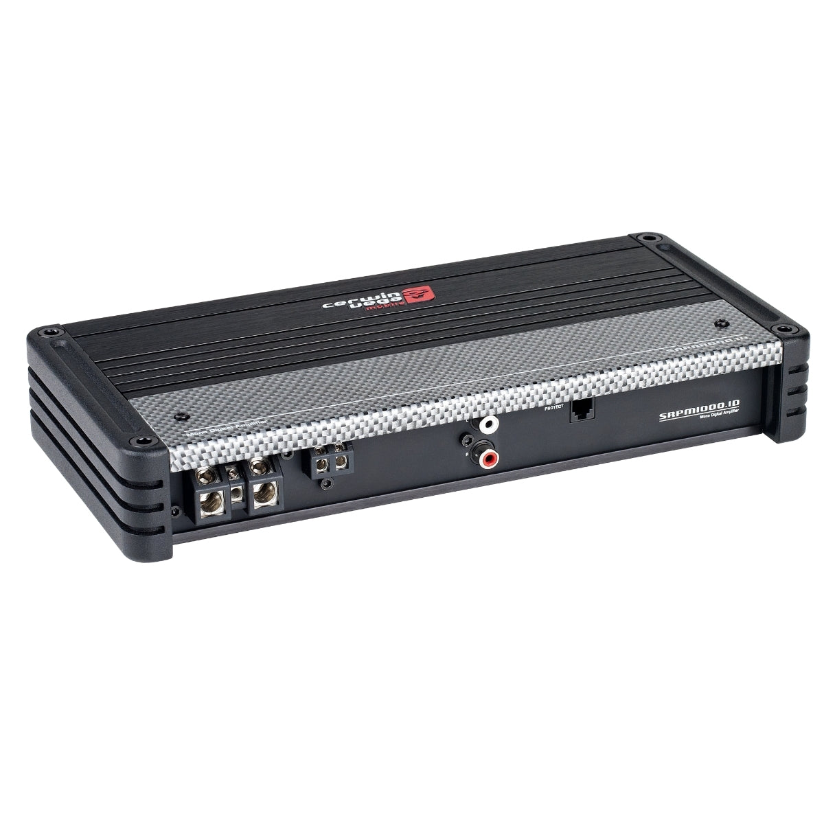 The SRPM Stroker 1-Channel Monoblock Class-D Amplifier - SRPM1000.1D has a compact black and gray rectangular design with digital topology, a metal grid pattern, side connection ports, speaker and power terminals, visible top branding, and rounded reinforced edges for durability.