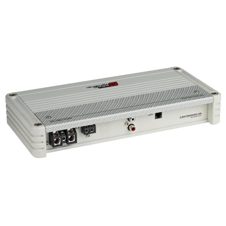 Explore the SRPM Stroker 1-Channel Monoblock Class-D Amplifier in white, featuring a textured surface with RCA connectors, screw terminals, and ribbed metal corners for high efficiency. Enjoy its full range digital topology and enhanced ventilation with this model: SRPM1000.1DW.