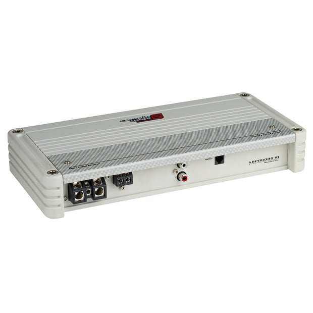 Explore the SRPM Stroker 1-Channel Monoblock Class-D Amplifier in white, featuring a textured surface with RCA connectors, screw terminals, and ribbed metal corners for high efficiency. Enjoy its full range digital topology and enhanced ventilation with this model: SRPM1000.1DW.