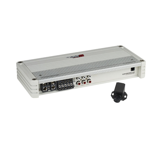 The SRPM Stroker 5-Channel Full Range Class-D Amplifier (White) - SRPM1100.5DW features a sleek rectangular design and high-efficiency digital topology. It has multiple connection ports with red and white RCA jacks, a small black remote in front, and the brand logo on top.