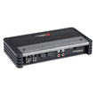 The SRPM Stroker 2 Channel Full Range Class-D Amplifier-SRPM700.2D is black and gray with the brand logo on top. It features a variety of input and output ports like speaker wire terminals, power connections, and RCA jacks on the front panel. Its textured finish casing is compact and sleek.