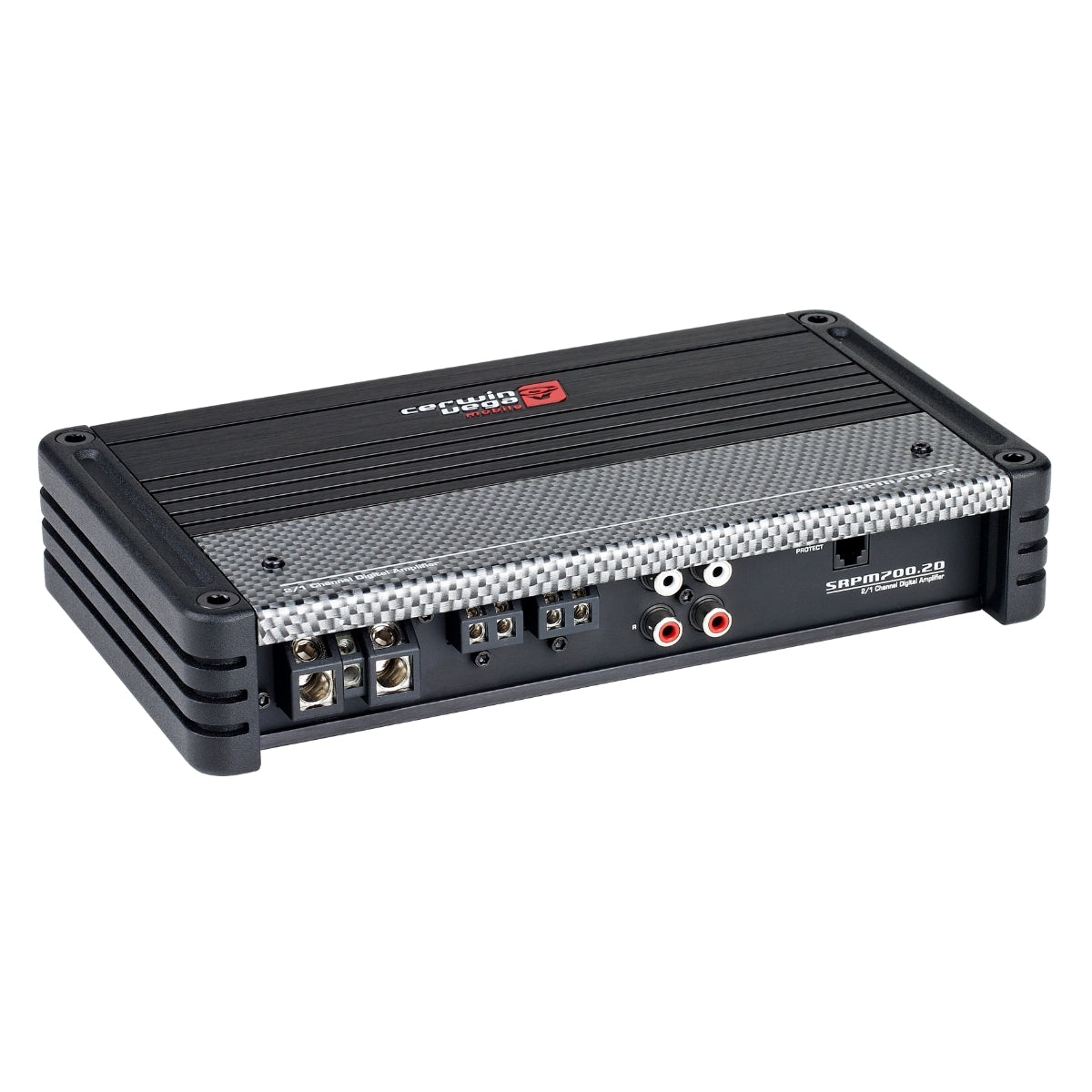 The SRPM Stroker 2 Channel Full Range Class-D Amplifier-SRPM700.2D is black and gray with the brand logo on top. It features a variety of input and output ports like speaker wire terminals, power connections, and RCA jacks on the front panel. Its textured finish casing is compact and sleek.