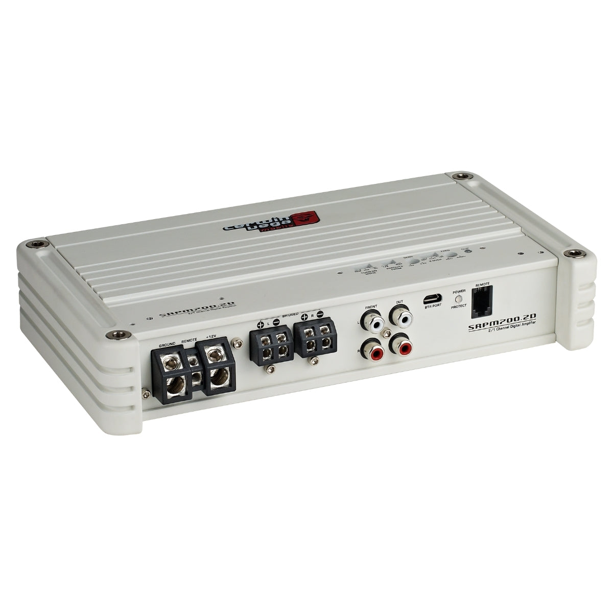 The white SRPM Stroker 2 Channel Full Range Class-D Digital Amplifier (SRPM700.2DW) features a ridged top and logo, various input/output ports like RCA jacks and terminal blocks, controls for tuning, and visible screws for easy mounting.