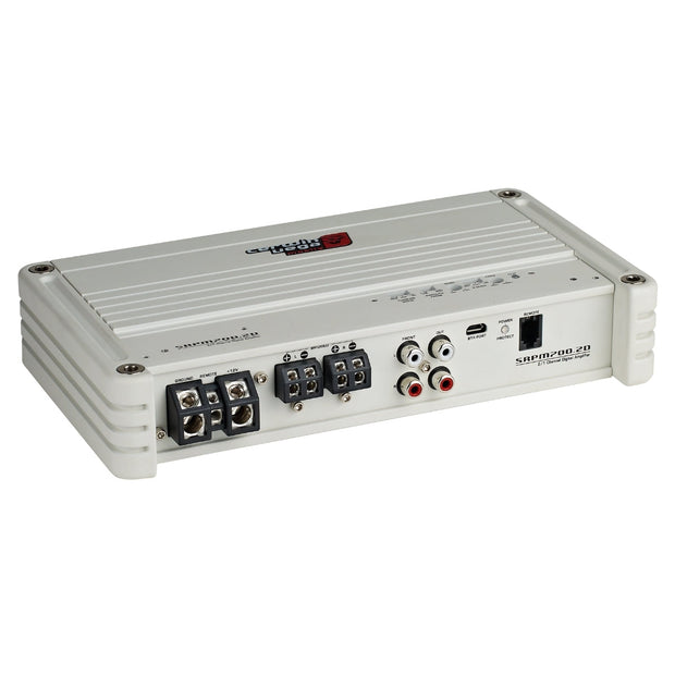 The white SRPM Stroker 2 Channel Full Range Class-D Digital Amplifier (SRPM700.2DW) features a ridged top and logo, various input/output ports like RCA jacks and terminal blocks, controls for tuning, and visible screws for easy mounting.