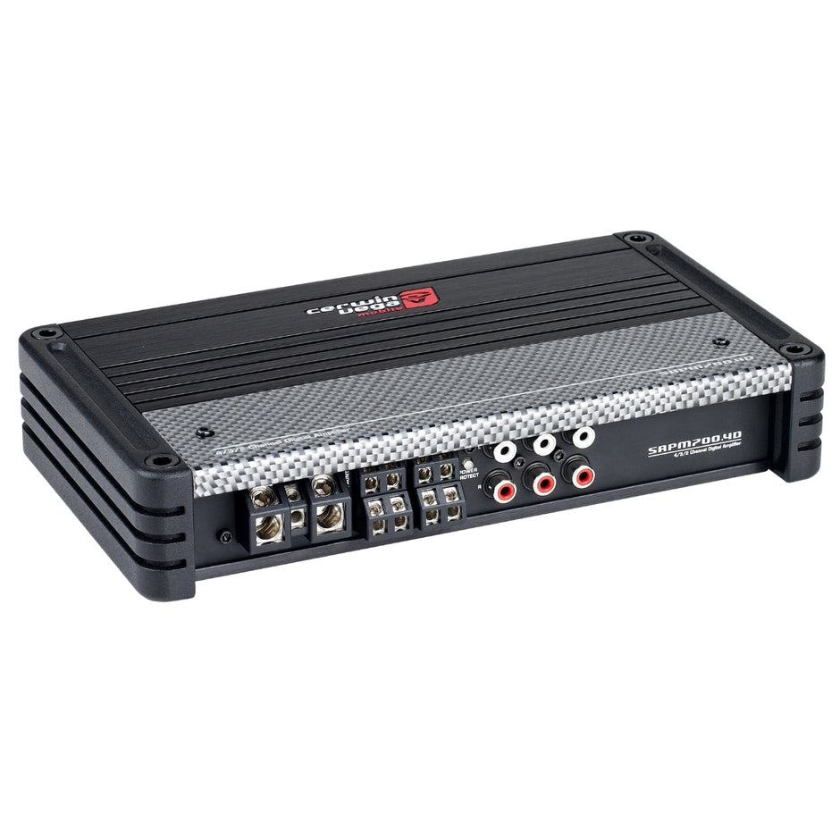 The RPM Stroker Amplifier sports a black and silver design with a textured surface featuring a red and black logo. It includes multiple connectors, red and white RCA inputs, various speaker, and power terminals. The model number SEPM200.4D is displayed on the side.