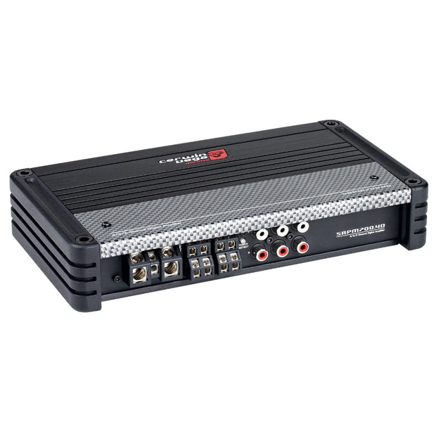 The RPM Stroker Amplifier sports a black and silver design with a textured surface featuring a red and black logo. It includes multiple connectors, red and white RCA inputs, various speaker, and power terminals. The model number SEPM200.4D is displayed on the side.