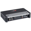 The SRPM Stroker Class-D Mono Digital Amplifier-SRPM750.1D features a black and textured gray casing with multiple input and output ports. Its compact rectangular design, reinforced corners, and visible logo make it ideal for vehicle sound systems.