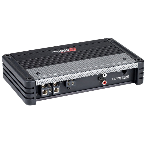 The SRPM Stroker Class-D Mono Digital Amplifier-SRPM750.1D features a black and textured gray casing with multiple input and output ports. Its compact rectangular design, reinforced corners, and visible logo make it ideal for vehicle sound systems.