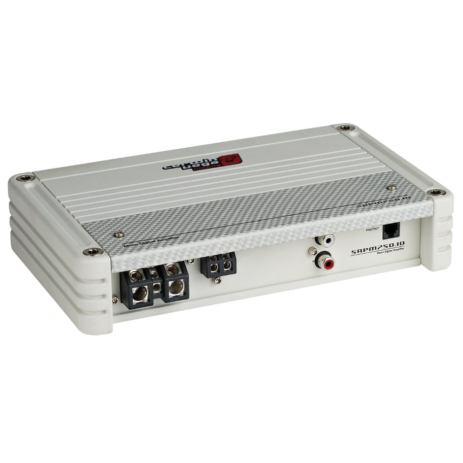 The SRPM Stroker Class-D Mono Digital Amplifier (White)-SRPM750.1DW showcases a textured, metallic top with rounded corners and a red and black logo. It features full-range digital topology, speaker terminals, RCA inputs, and high efficiency.