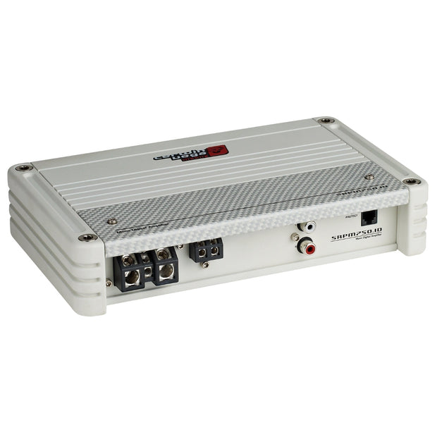 The SRPM Stroker Class-D Mono Digital Amplifier (White)-SRPM750.1DW showcases a textured, metallic top with rounded corners and a red and black logo. It features full-range digital topology, speaker terminals, RCA inputs, and high efficiency.