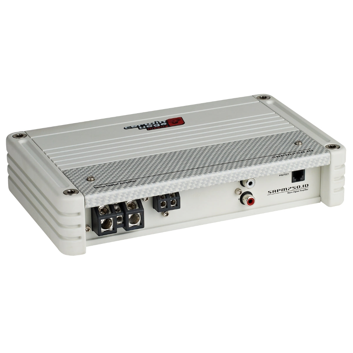The SRPM Stroker Class-D Mono Digital Amplifier (White)-SRPM750.1DW showcases a textured, metallic top with rounded corners and a red and black logo. It features full-range digital topology, speaker terminals, RCA inputs, and high efficiency.