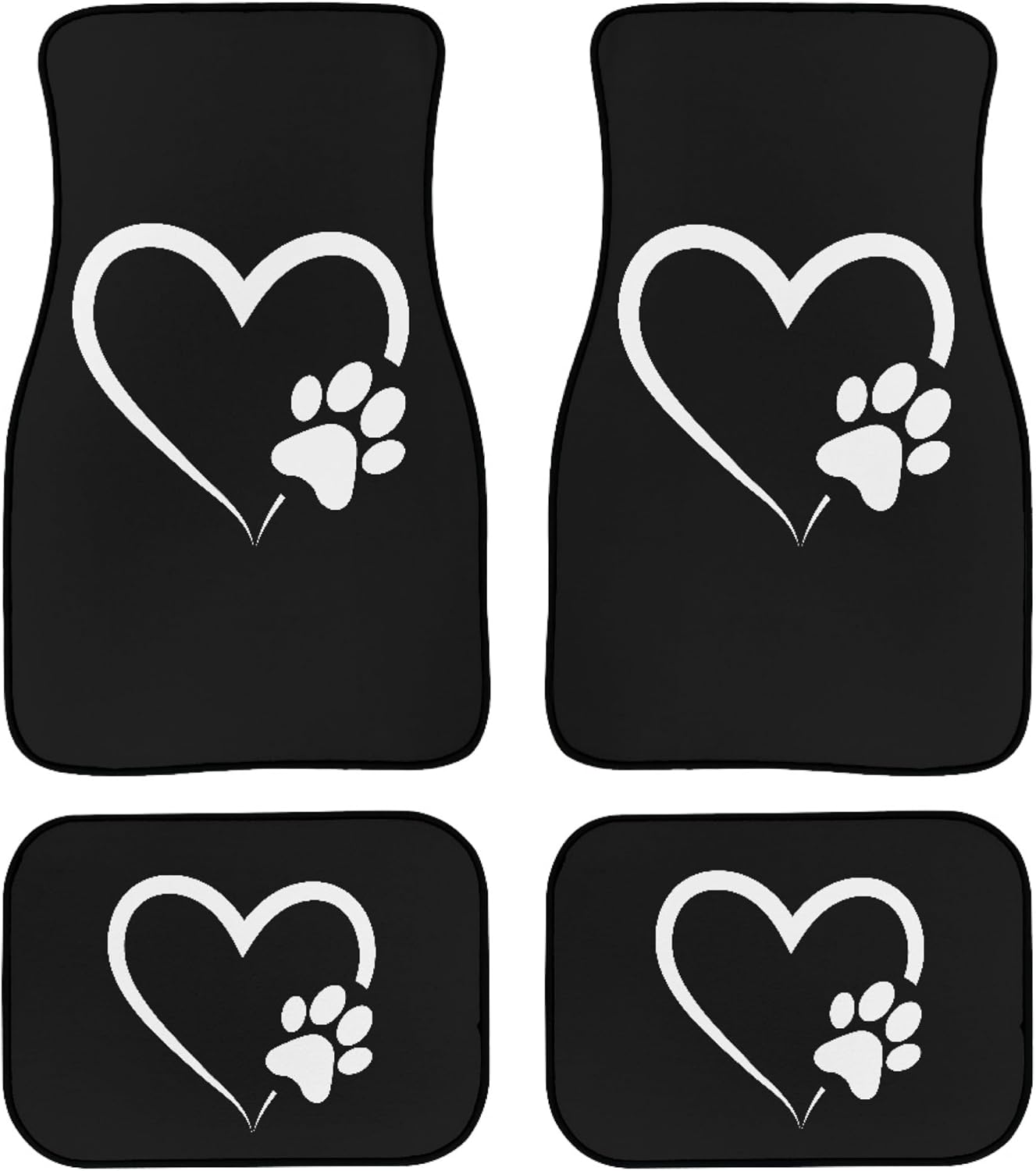 Dog Paw Heart White Car Floor Mats Set of 4 – Universal Fit Front & Rear Seat Mats with Heavy Duty Rubber Backing, Non-Slip Decorative Interior Accessories for Cars, SUVs & Trucks