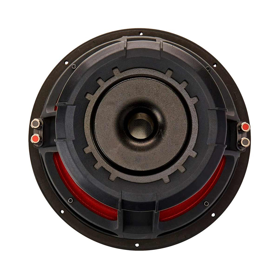 Front view of the Stroker Series Subwoofers shows a symmetrical design with a black center cone and surrounding frame, highlighted by red accents. Silver connectors are on the side, creating a modern and industrial look.