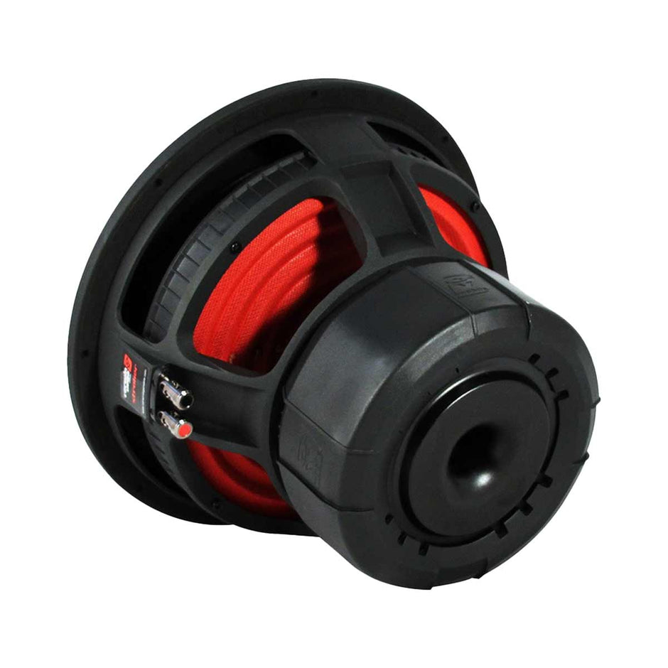 The Stroker Series Subwoofers feature a bold design with a black circular housing and a visible red cone and coil through cutouts. The rear has a central vent and silver terminals for wiring.