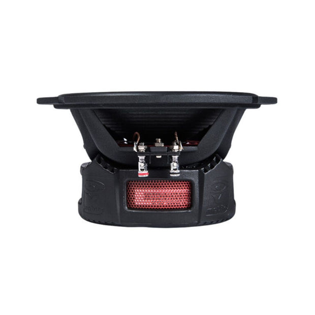 The Stroker 6.5" 2-Way Component Speaker Set - ST65C is shown in profile, emphasizing its structure with a flared black cone and robust base. Red mesh at the back and silver connection terminals highlight its high-performance car audio capabilities.