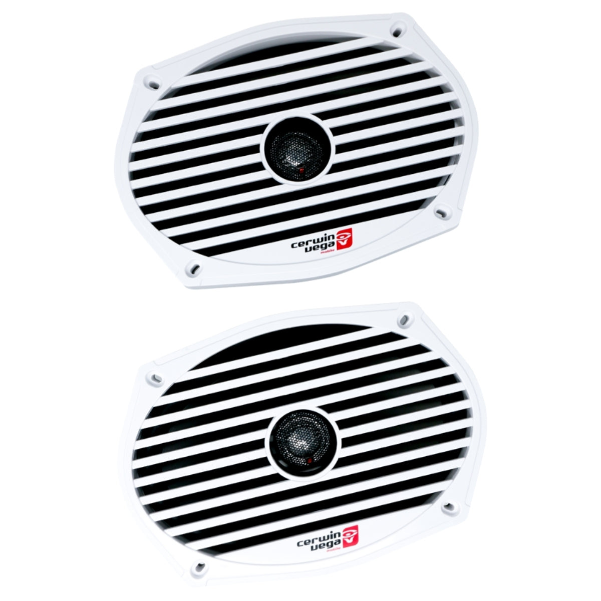 These Cerwin Vega Stroker ST69CX car speakers feature a sleek design with white ovals, horizontal black grilles, and a red logo. The central black cone is visible through the grille, enhancing both aesthetics and sound quality.