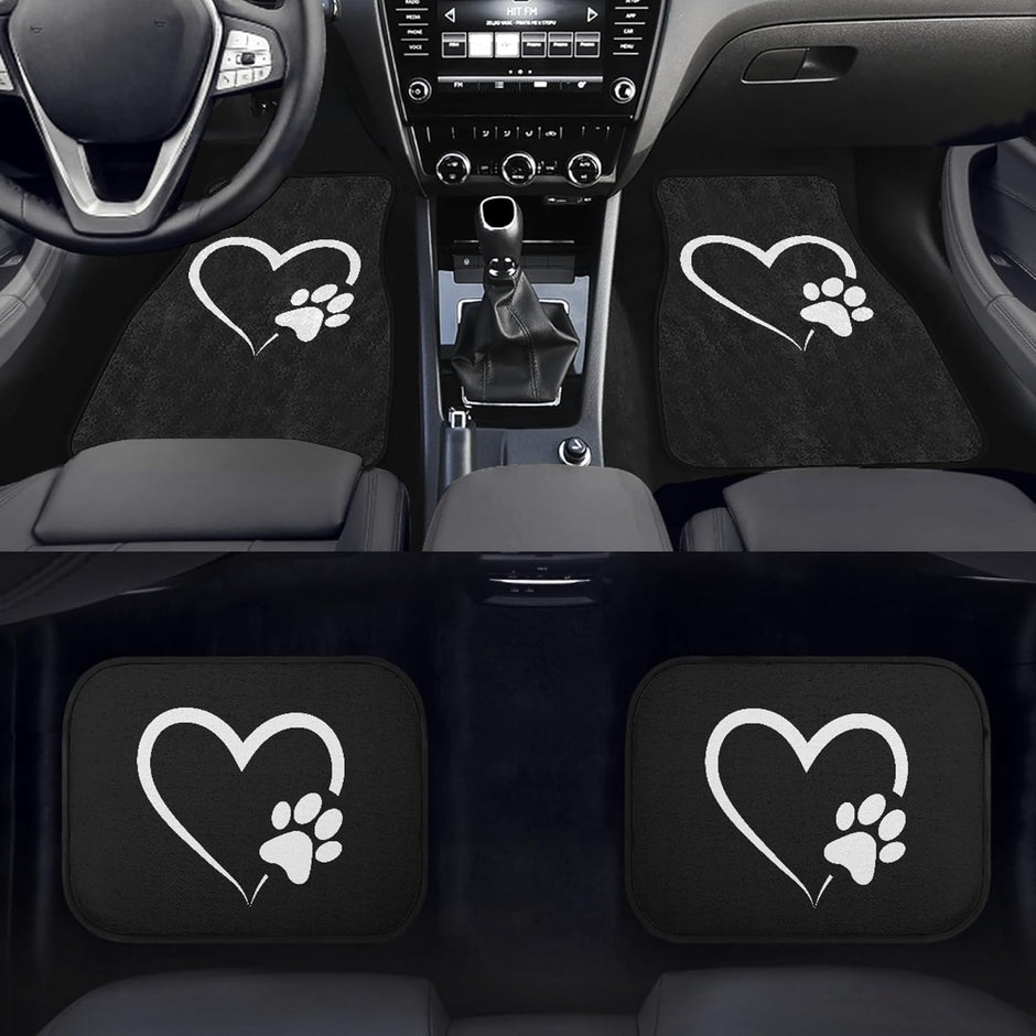 Dog Paw Heart White Car Floor Mats Set of 4 – Universal Fit Front & Rear Seat Mats with Heavy Duty Rubber Backing, Non-Slip Decorative Interior Accessories for Cars, SUVs & Trucks