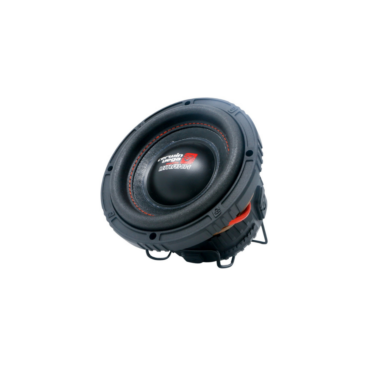 Close-up of the VMAXX High Performance Subwoofer in black and red, featuring a prominent round design with stitched edges. The brand name is centered on the dome. Angled view highlights depth, mounting brackets, robust build, and tech focus.