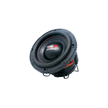 Close-up of the VMAXX High Performance Subwoofer in black and red, featuring a prominent round design with stitched edges. The brand name is centered on the dome. Angled view highlights depth, mounting brackets, robust build, and tech focus.