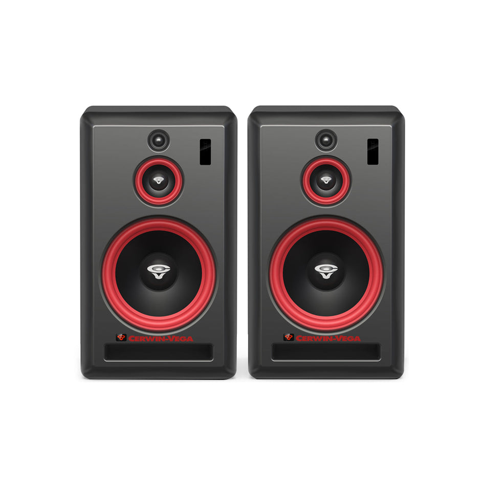 The VEGA10SB-PR 10” 3-Way Studio Monitor Pair features black rectangular designs with red-ringed woofers, smaller tweeters, and "CERWIN VEGA" branding in red. These monitors offer wireless connectivity and advanced digital signal processing for seamless integration and optimal sound quality.