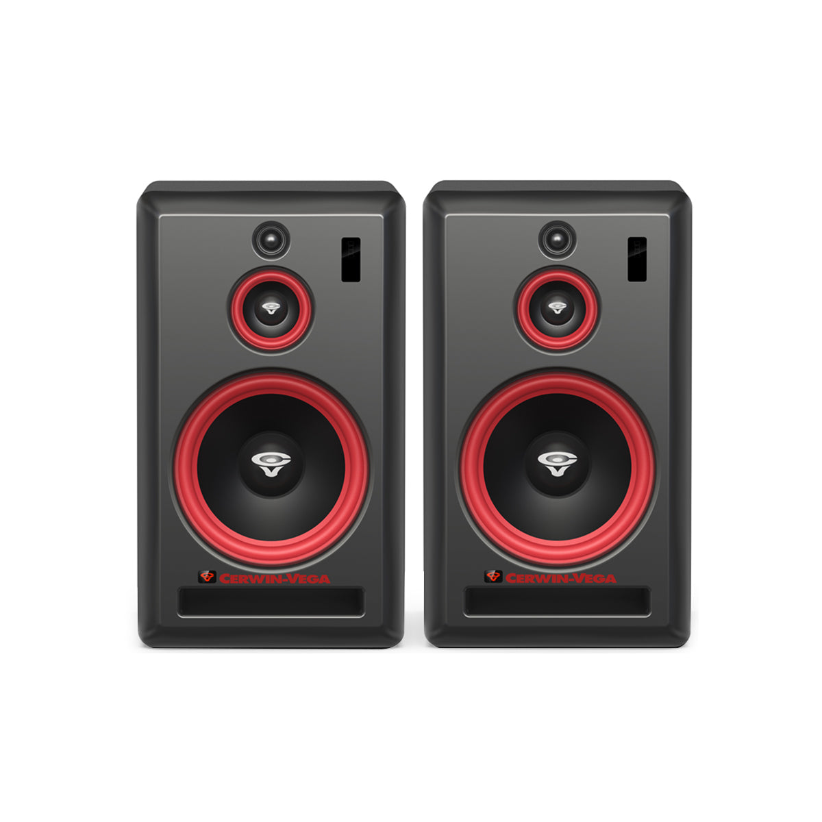 The VEGA10SB-PR 10” 3-Way Studio Monitor Pair features black rectangular designs with red-ringed woofers, smaller tweeters, and 