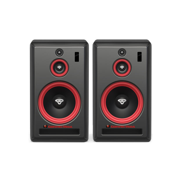 The VEGA10SB-PR 10” 3-Way Studio Monitor Pair features black rectangular designs with red-ringed woofers, smaller tweeters, and "CERWIN VEGA" branding in red. These monitors offer wireless connectivity and advanced digital signal processing for seamless integration and optimal sound quality.